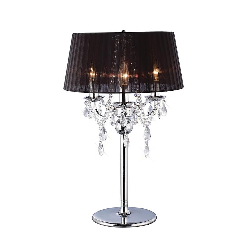 Photograph: Diyas Olivia IL30062/BL Polished Chrome 3 Light Crystal Table Lamp Complete With Black Shade