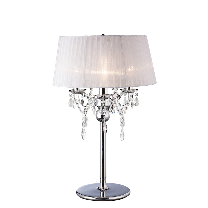 Photograph: Diyas Olivia IL30062/WH Polished Chrome 3 Light Crystal Table Lamp Complete With White Shade