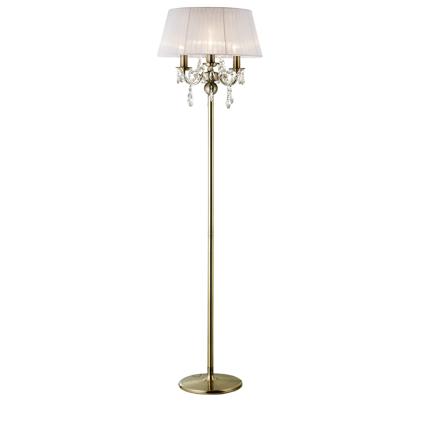 Photograph: Diyas Olivia IL30066/WH Antique Brass 3 Light Crystal Floor Lamp Complete With White Shade