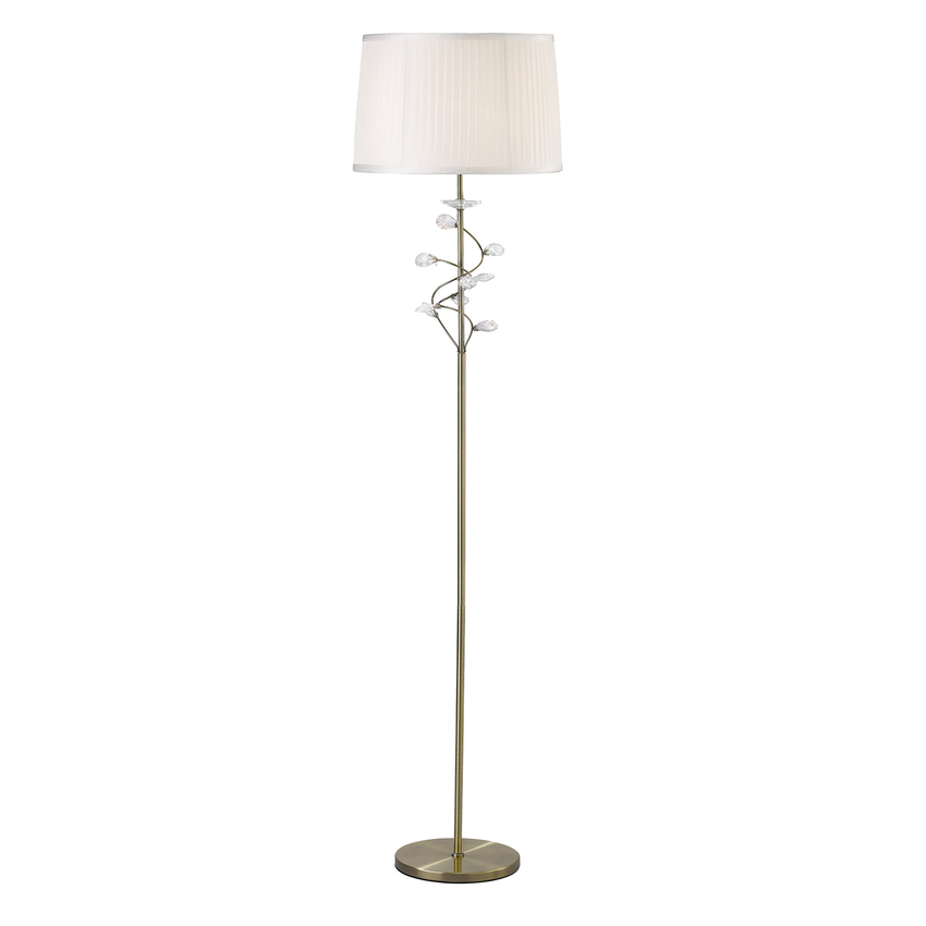 Photograph: Diyas Willow IL31224/WH Antique Brass Crystal Floor Lamp Complete With White Shade