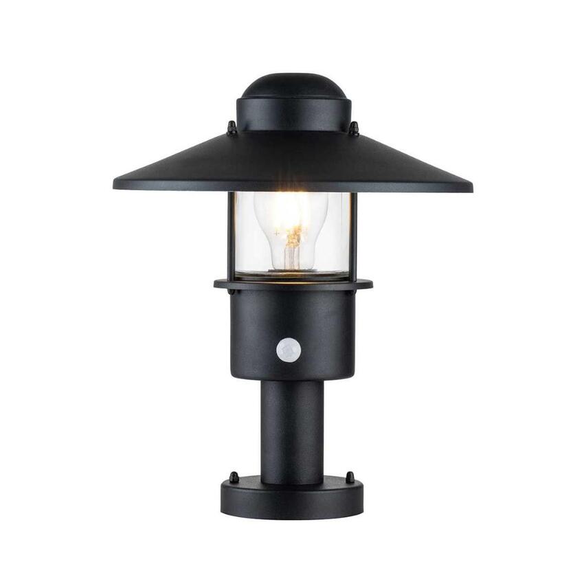 Photograph: Elstead Klampenborg Black Outdoor Pedestal Light With Pir Sensor And Clear Glass - IP44 - Coastal Suitable