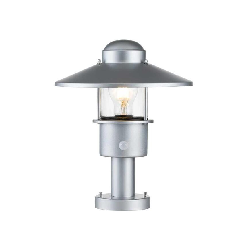 Photograph: Elstead Klampenborg Silver Outdoor Pedestal Light With Pir Sensor And Clear Glass - IP44 - Coastal Suitable