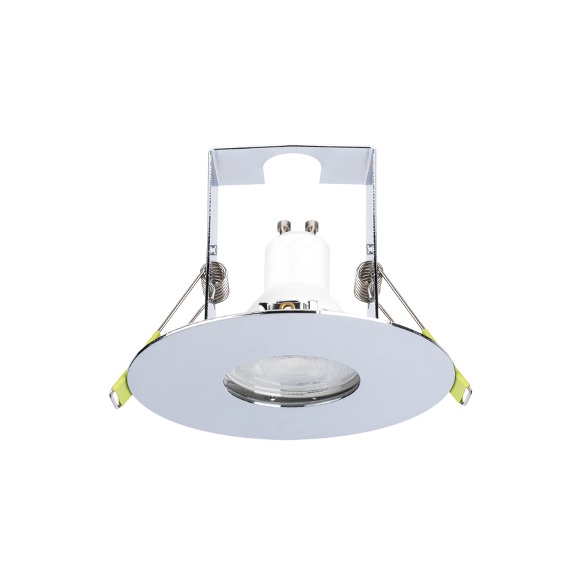 Photograph: Evofire Maxi Ultra Slim 110mm Polished Chrome Fixed Round Fire Rated Ip65 Downlight With Insulation Guard - 70-100mm Cut Out  - Gu10