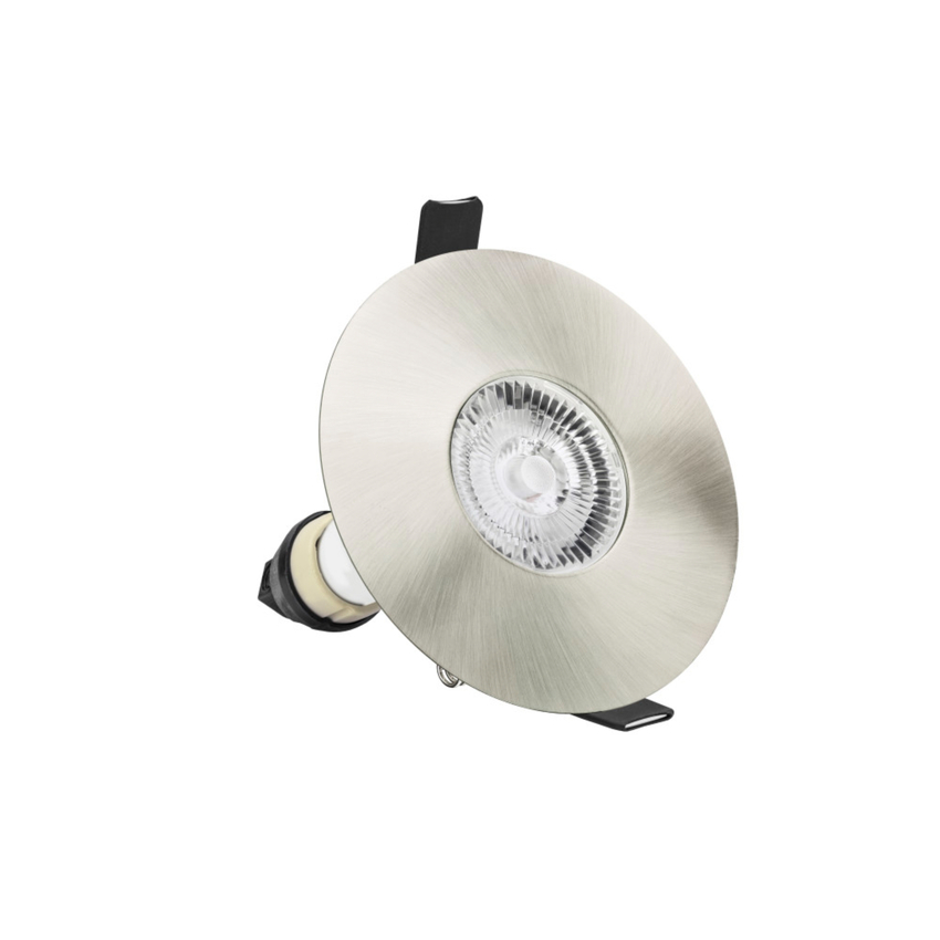 Photograph: Evofire Maxi Ultra Slim 110mm Satin Nickel Fixed Round Fire Rated Ip65 Downlight - 70-100mm Cut Out  - Gu10