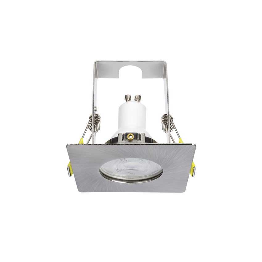 Photograph: Evofire Midi Ultra Slim 85mm Satin Nickel Square Fixed Fire Rated Ip65 Downlight With Insulation Guard - 70mm Cut Out  - Gu10