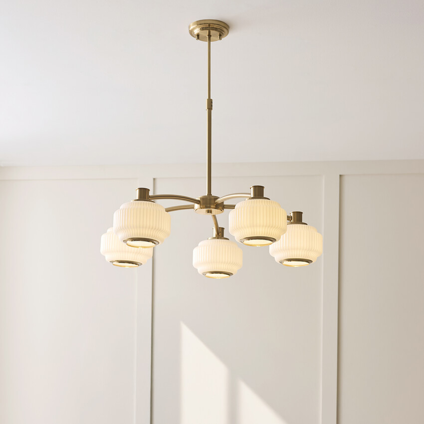 Photograph: Evora Brushed Aged Brass 5 Light Pendant Complete With Opal Gloss Ribbed Shades