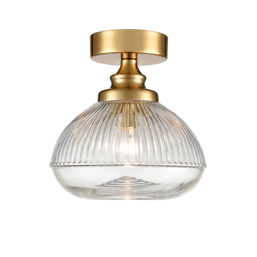 Photograph: Franklite Acoste Aged Brass Flush Ceiling Light Complete With Clear Ribbed Glass