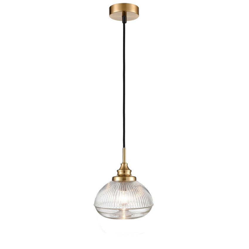 Photograph: Franklite Acoste Aged Brass Pendant Ceiling Light Complete With Clear Ribbed Glass