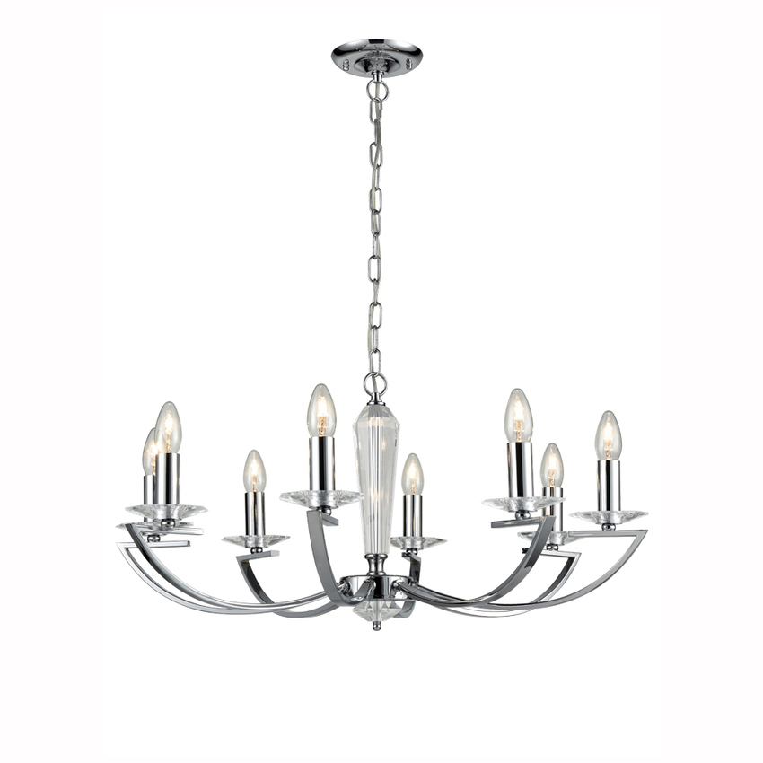 Photograph: Franklite Artemis Polished Chrome 8 Light Chandelier Complete With Crystal Sconces