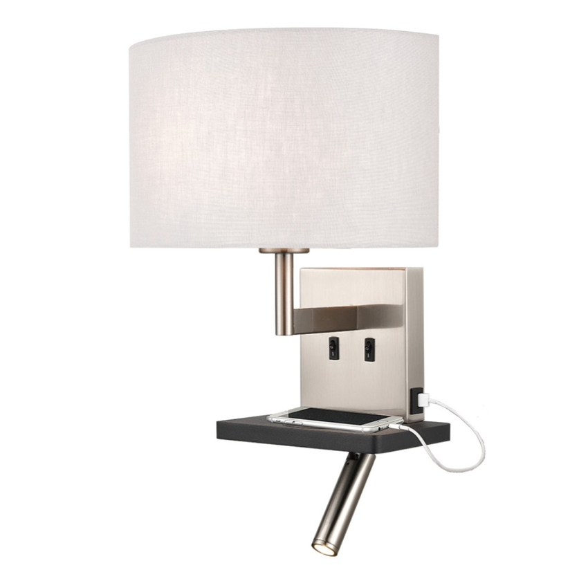 Photograph: Franklite Austen Satin Nickel/Black Wall Light With Reading Light, Charging Pad, USB Port And Curved Off White Shade