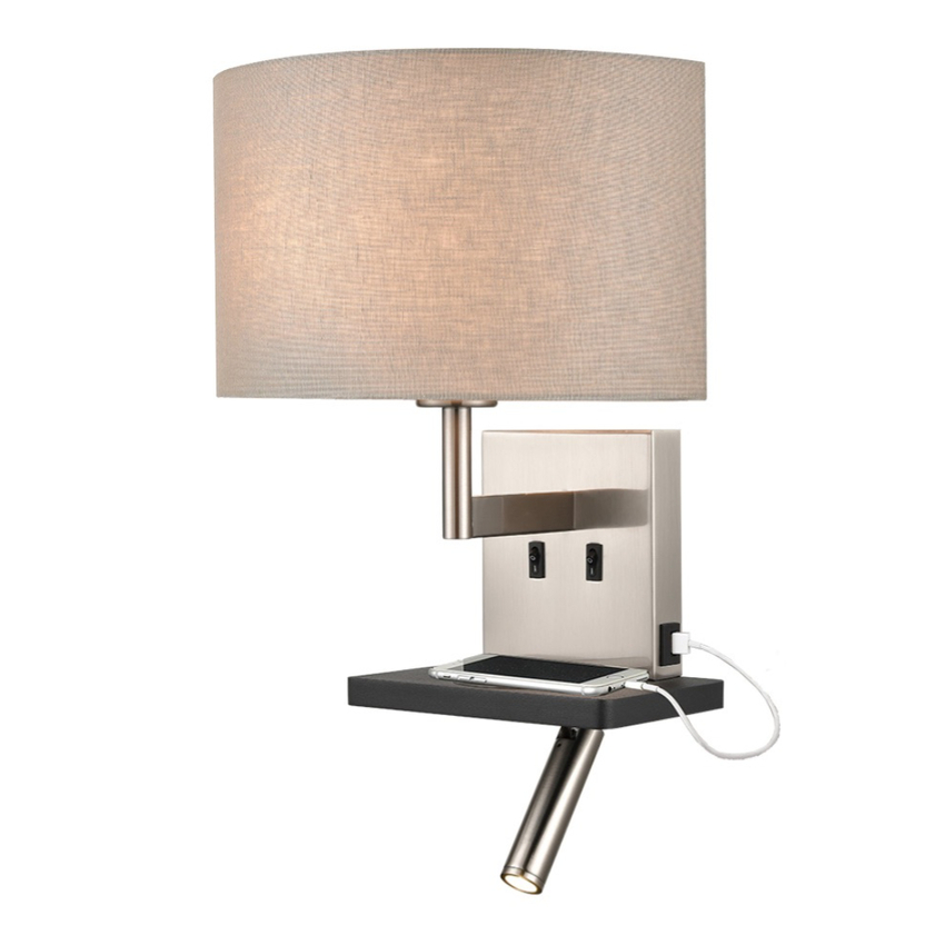 Photograph: Franklite Austen Satin Nickel/Black Wall Light With Reading Light, Charging Pad, USB Port And Curved Taupe Shade