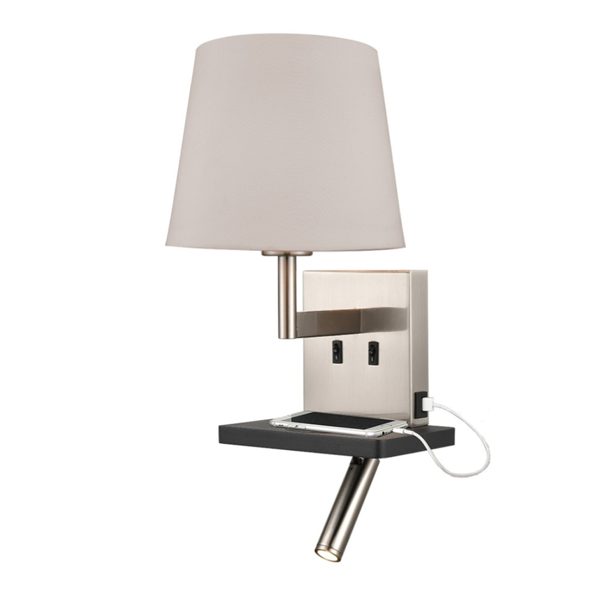 Photograph: Franklite Austen Satin Nickel/Black Wall Light With Reading Light, Charging Pad, USB Port And Round Grey Shade
