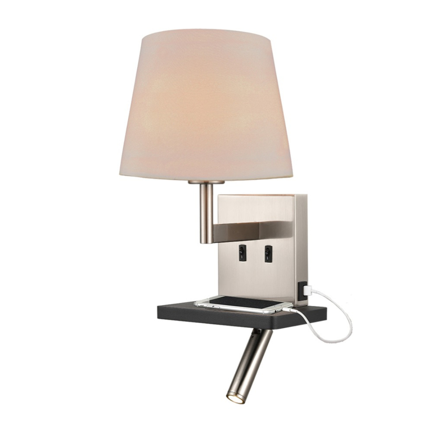 Photograph: Franklite Austen Satin Nickel/Black Wall Light With Reading Light, Charging Pad, USB Port And Round Taupe Shade