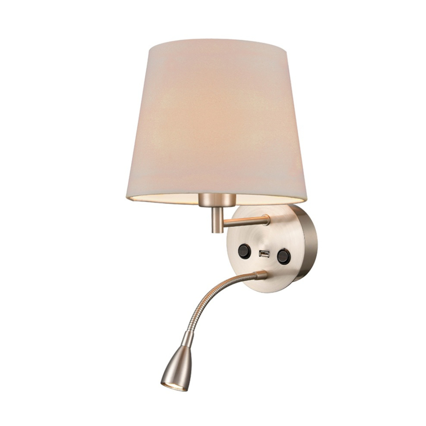 Photograph: Franklite Austen Satin Nickel Wall Light With Flex Arm Reading Light, USB Port And Round Taupe Shade
