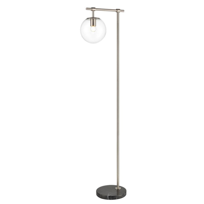 Photograph: Franklite Avenue Satin Nickel Floor Lamp Complete With Black Marble Base and Clear Glass Globe - Switched