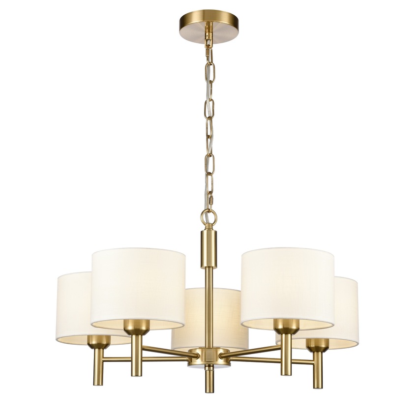 Photograph: Franklite Barolo 5 Light Multi-Arm Pendant In Aged Brass With Cream Fabric Shades