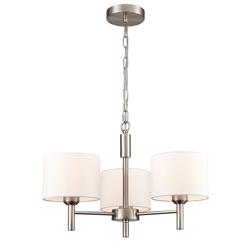 Photograph: Franklite Barolo Contemporary Satin Nickel 3 Light Pendant Light Complete With White Textured Fabric Shades