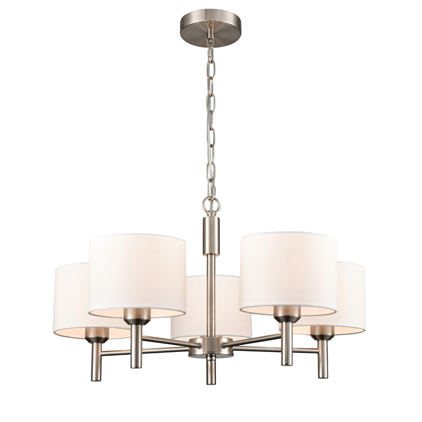 Photograph: Franklite Barolo Contemporary Satin Nickel 5 Light Pendant Light Complete With White Textured Fabric Shades
