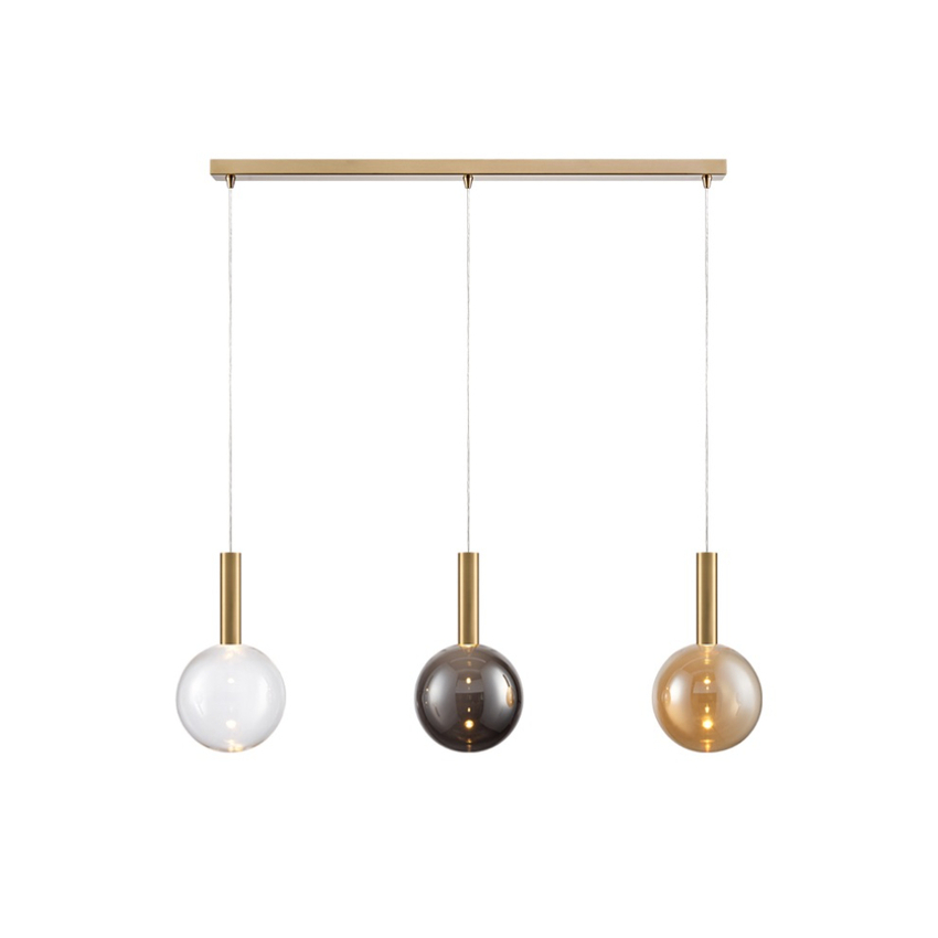Photograph: Franklite Beau Brushed Brass 3 Light Bar Island Pendant Complete With Amber, Clear And Smoke Round Glasses - Bespoke - Assemble On Site