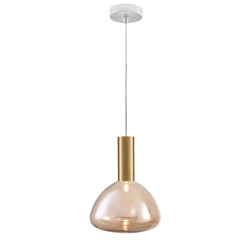 Photograph: Franklite Beau Matt White 1 Light Pendant With Brushed Brass Cylinder Complete With Amber Glass - Bespoke - Assemble On Site