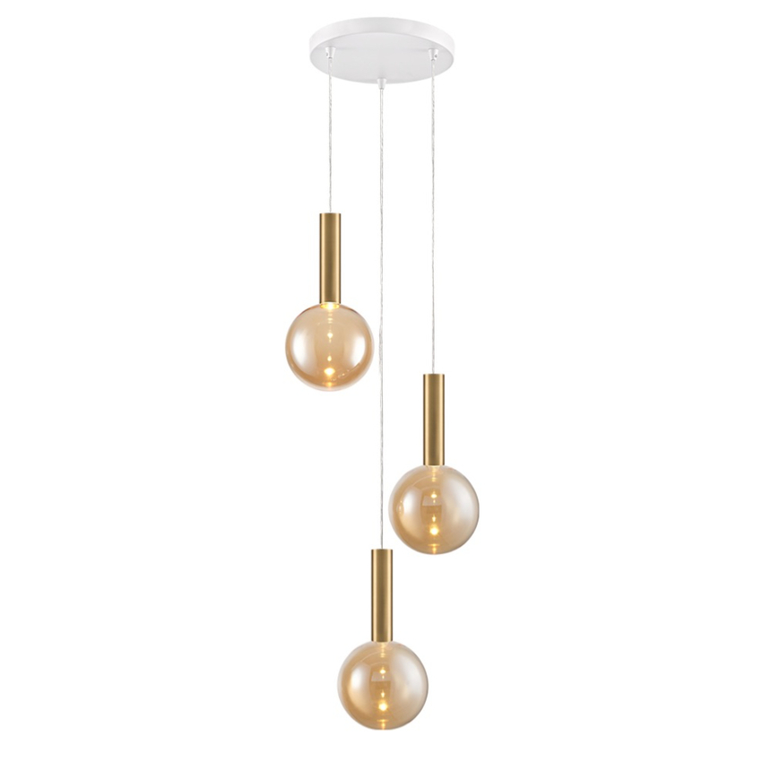 Photograph: Franklite Beau Matt White 3 Light Cluster Pendant With Brushed Brass Cylinders Complete With Amber Round Glasses - Bespoke - Assemble On Site