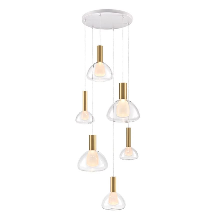 Photograph: Franklite Beau Matt White 6 Light Cluster Pendant With Brushed Brass Cylinders Complete With Clear Bowl Glasses/Frosted Inners - Bespoke - Assemble On Site
