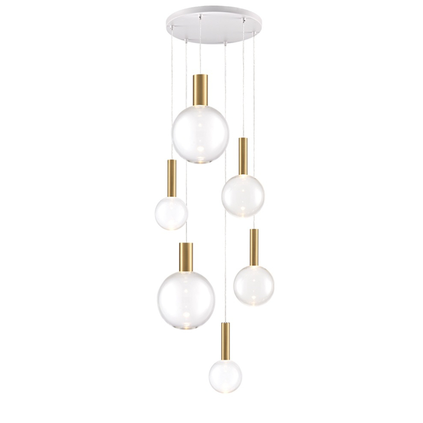 Photograph: Franklite Beau Matt White 6 Light Cluster Pendant With Brushed Brass Cylinders Complete With Clear Round Glasses - Bespoke - Assemble On Site