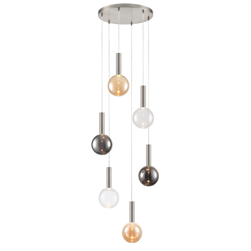 Photograph: Franklite Beau Satin Nickel 6 Light Cluster Pendant Complete With Amber, Clear And Smoked Round Glasses - Bespoke - Assemble On Site