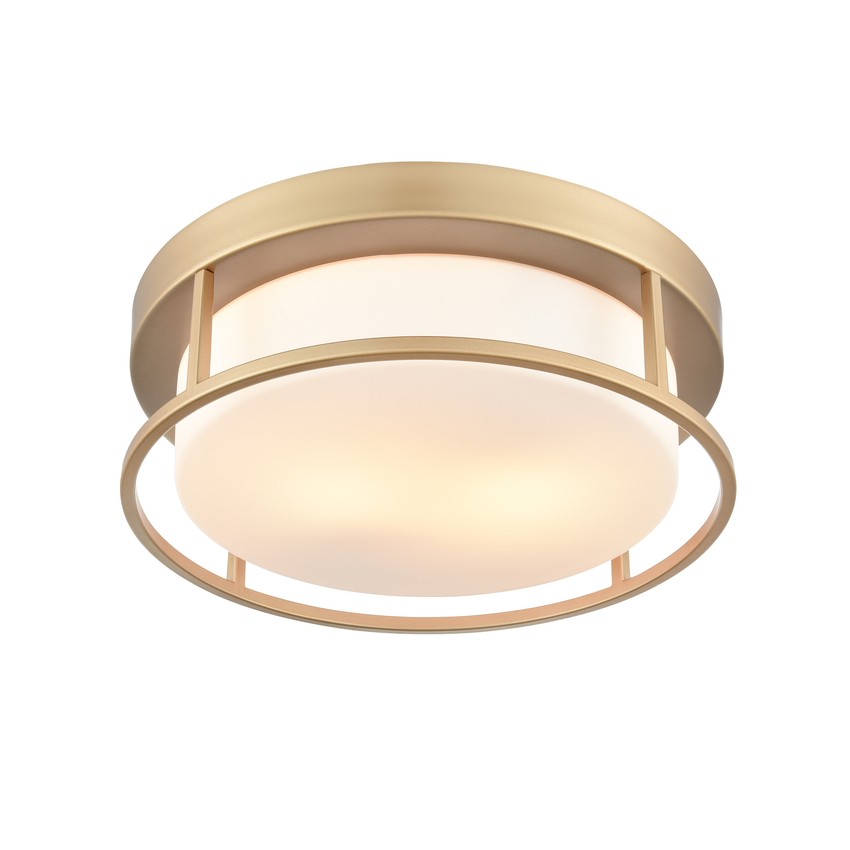 Photograph: Franklite Blaine 2 Light Gold Painted Flush Ceiling Light Complete With Opal Glass