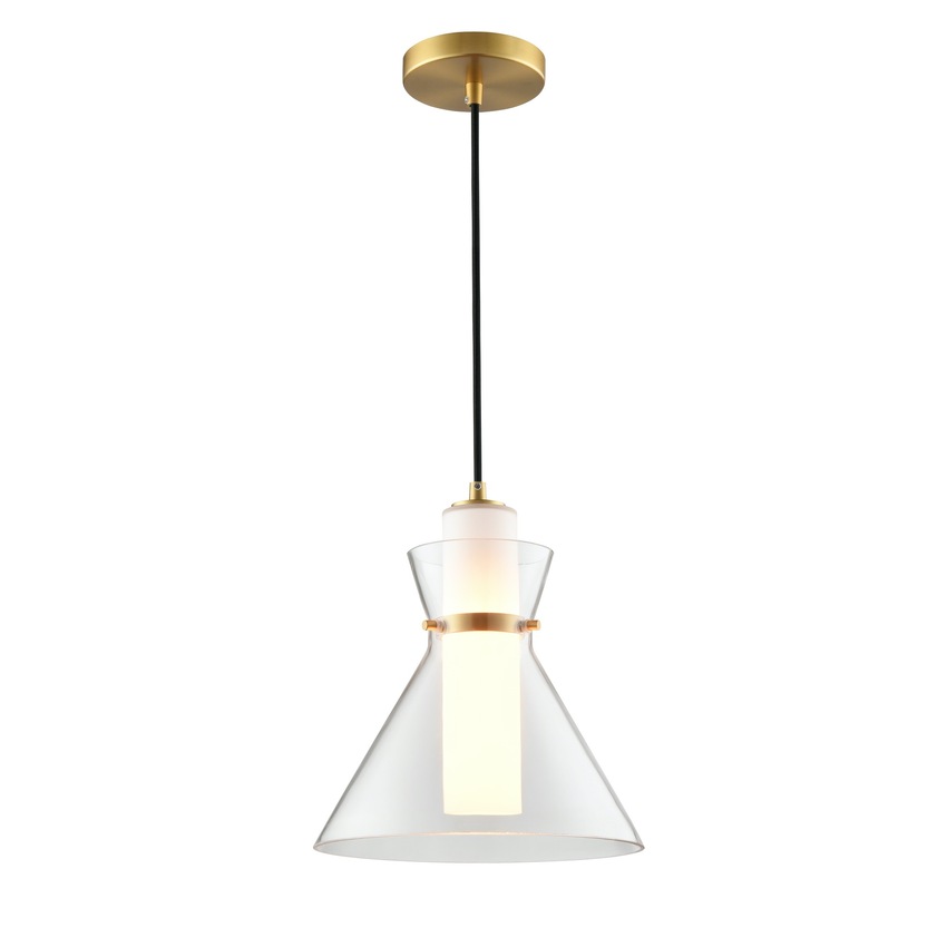 Photograph: Franklite Bliss Clear Glass Pendant Light Complete With Opal Glass Diffuser and Aged Brass Detailing