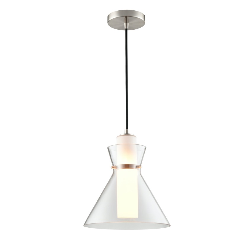 Photograph: Franklite Bliss Clear Glass Pendant Light Complete With Opal Glass Diffuser and Satin Nickel Detailing