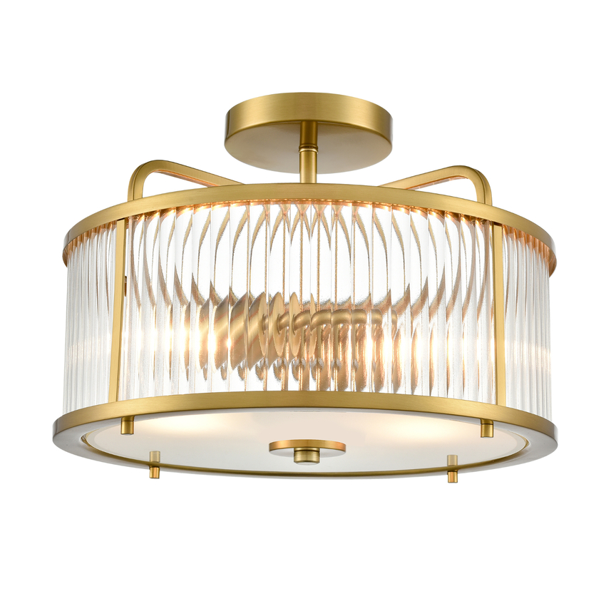 Photograph: Franklite Bonham Aged Brass Semi-Flush 2 Light Ceiling Light Complete With Ribbed Glass Decoration And Frosted Base