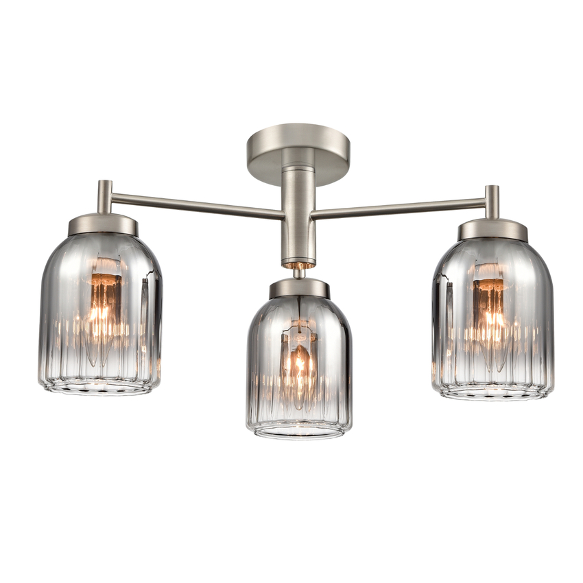 Photograph: Franklite Caligo Satin Nickel 3 Light Ceiling Light Complete With Smoked Ombre Effect Ribbed Glass