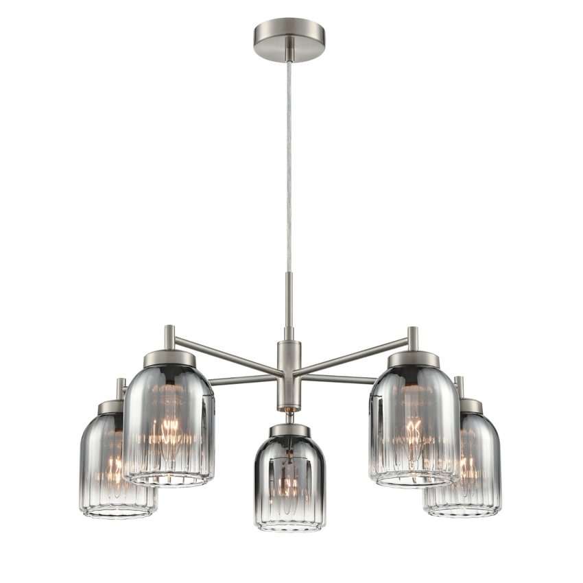 Photograph: Franklite Caligo Satin Nickel 5 Light Ceiling Light Complete With Smoked Ombre Effect Ribbed Glass