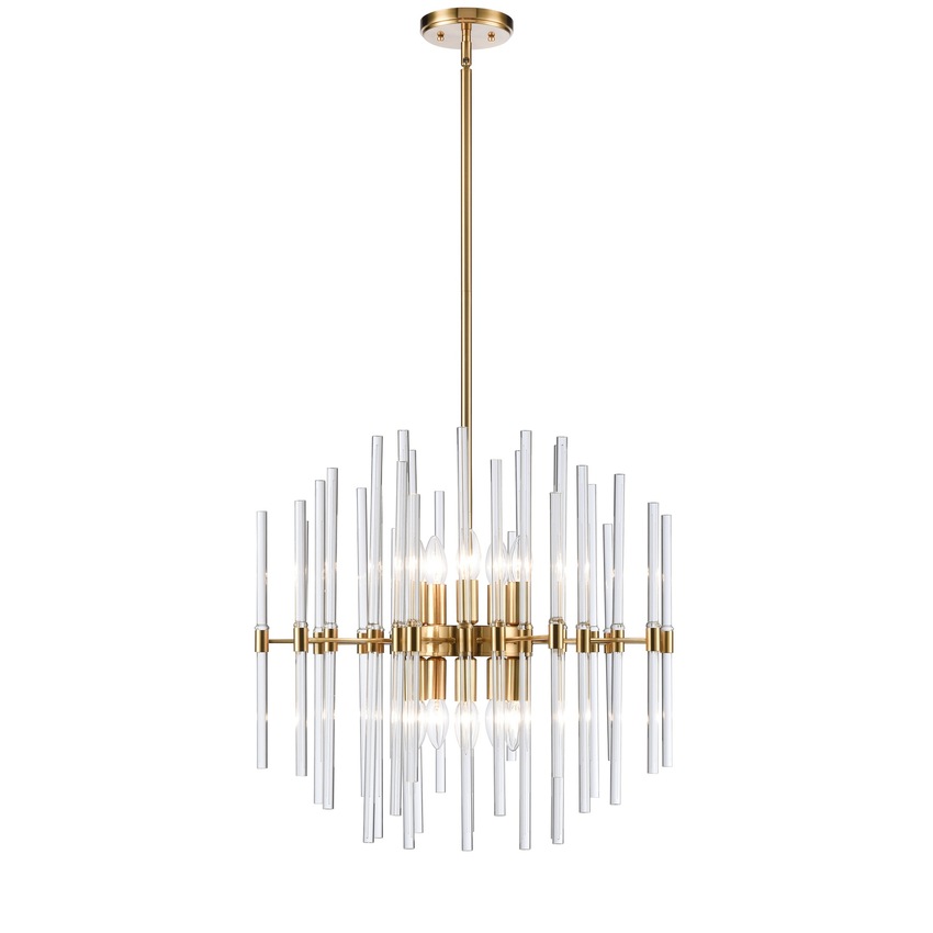 Photograph: Franklite Celestial 10 Light Large Pendant In Aged Brass With Clear Glass Rods