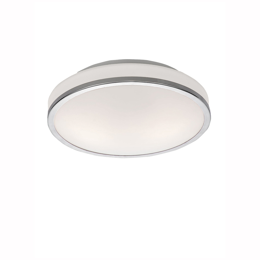 Photograph: Franklite CF5782 Polished Chrome Flush 2 Light Bathroom Ceiling Light Complete With Matt White Glass - IP44