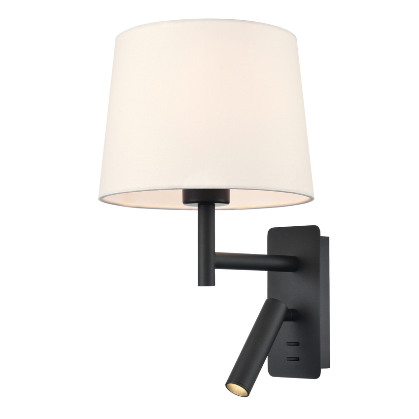 Photograph: Franklite Christie Matt Black Wall Light Complete With Off-White Cotton Shade And Adjustable Led Reader - Switched - 3000K