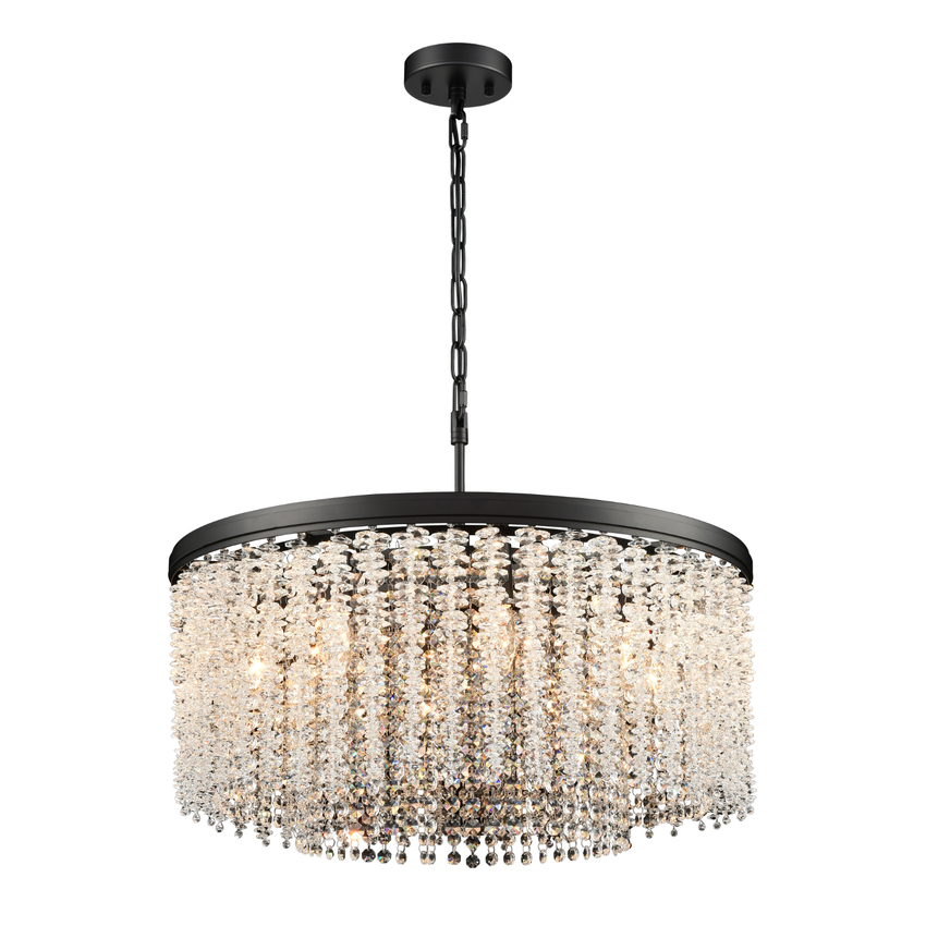 Photograph: Franklite Coral Matt Black Round Crystal 8 Light Pendant 600mm
