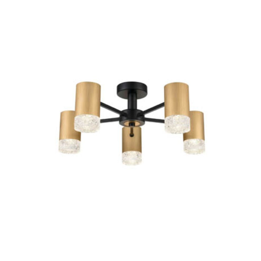 Photograph: Franklite Cordelia Satin Brushed Gold And Matt Black 5 Light Semi-Flush Ceiling Light With Clear Textured Glasses