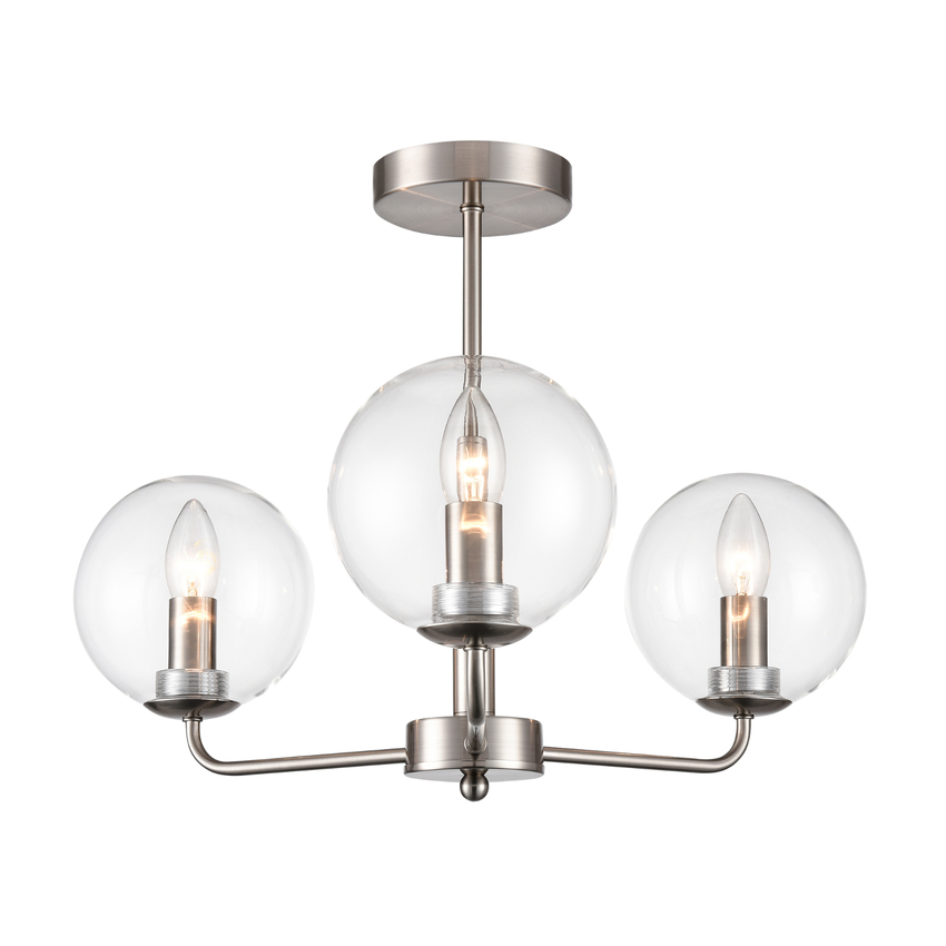 Photograph: Franklite Court Satin Nickel 3 Light Semi-Flush Ceiling Light Complete With Clear Globe Glass