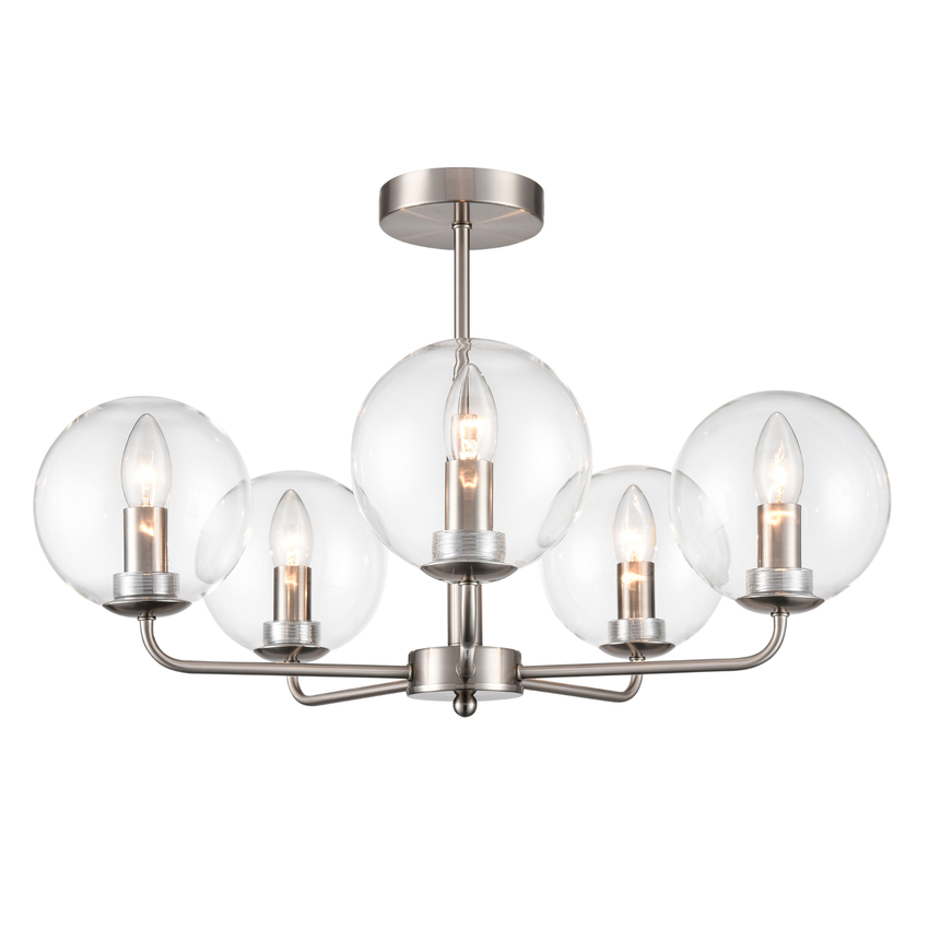 Photograph: Franklite Court Satin Nickel 5 Light Semi-Flush Ceiling Light Complete With Clear Globe Glass