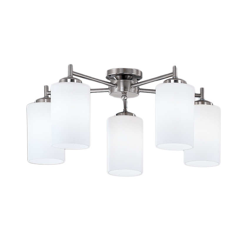 Photograph: Franklite Decima 5 Light Flush Ceiling Light In Satin Nickel Complete With Matt White Cylinder Glasses