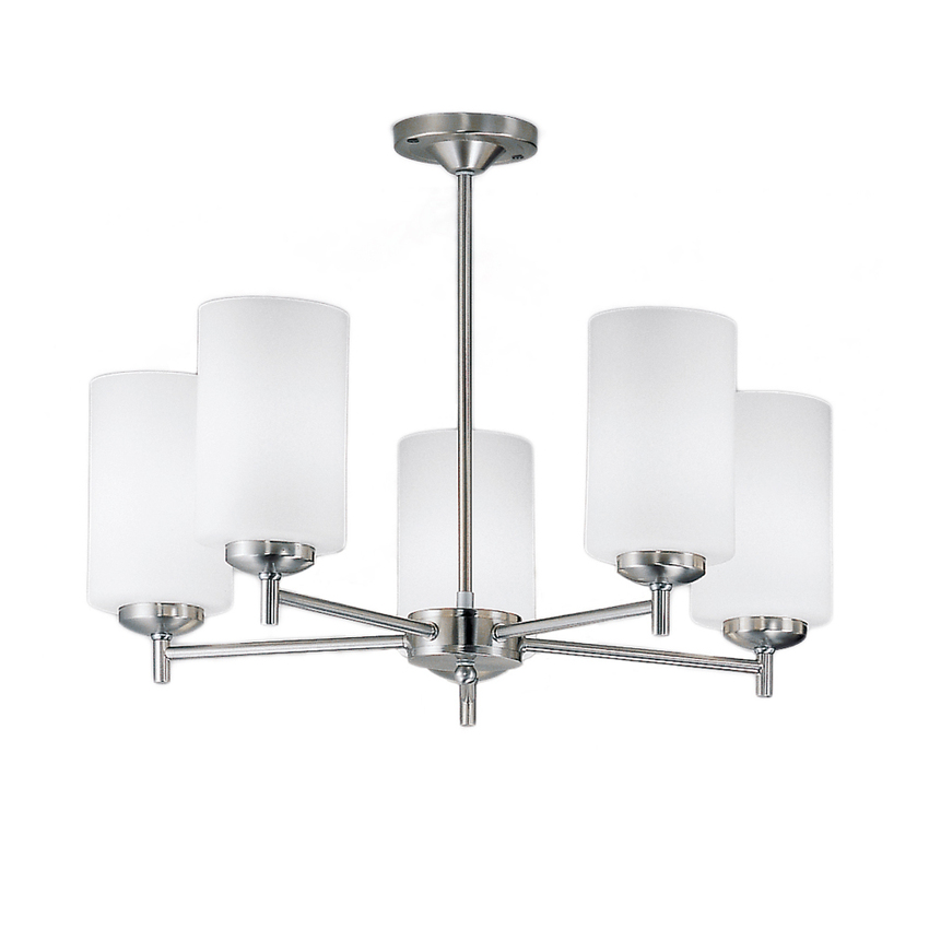 Photograph: Franklite Decima 5 Light Semi-Flush Ceiling Light In Satin Nickel Complete WIth Matt White Cylinder Glasses