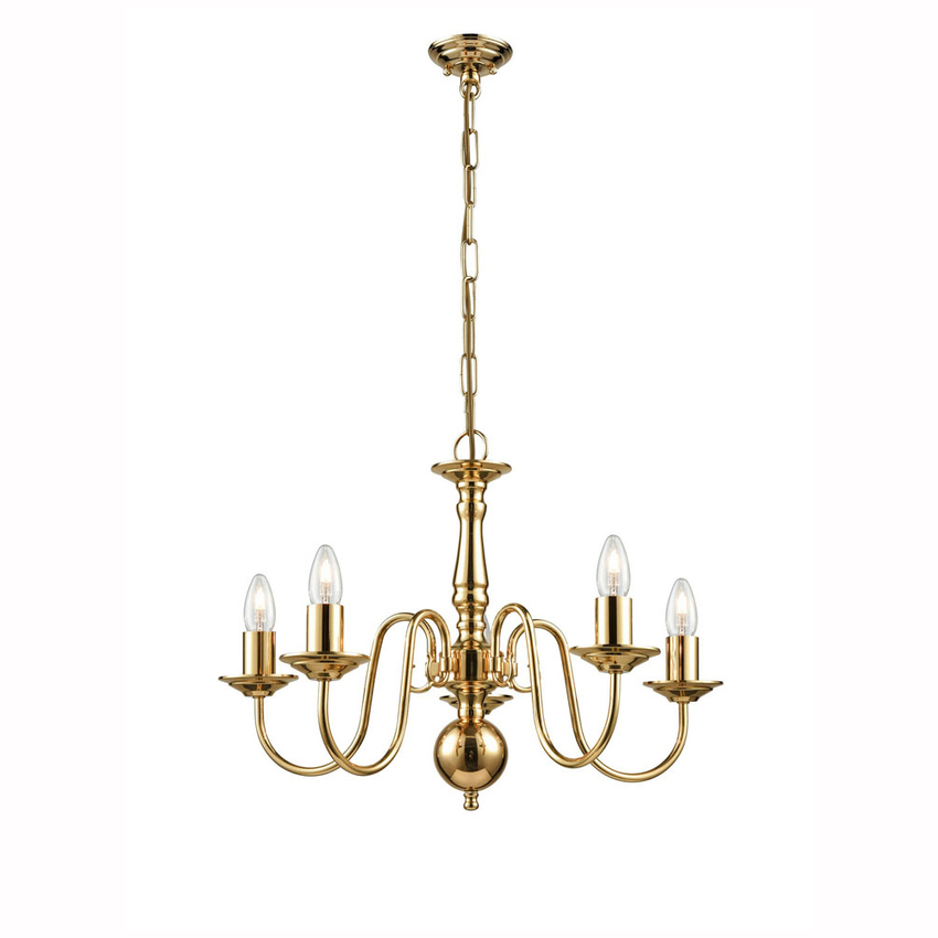 Photograph: Franklite Delft Polished Brass 5 Light Chandelier