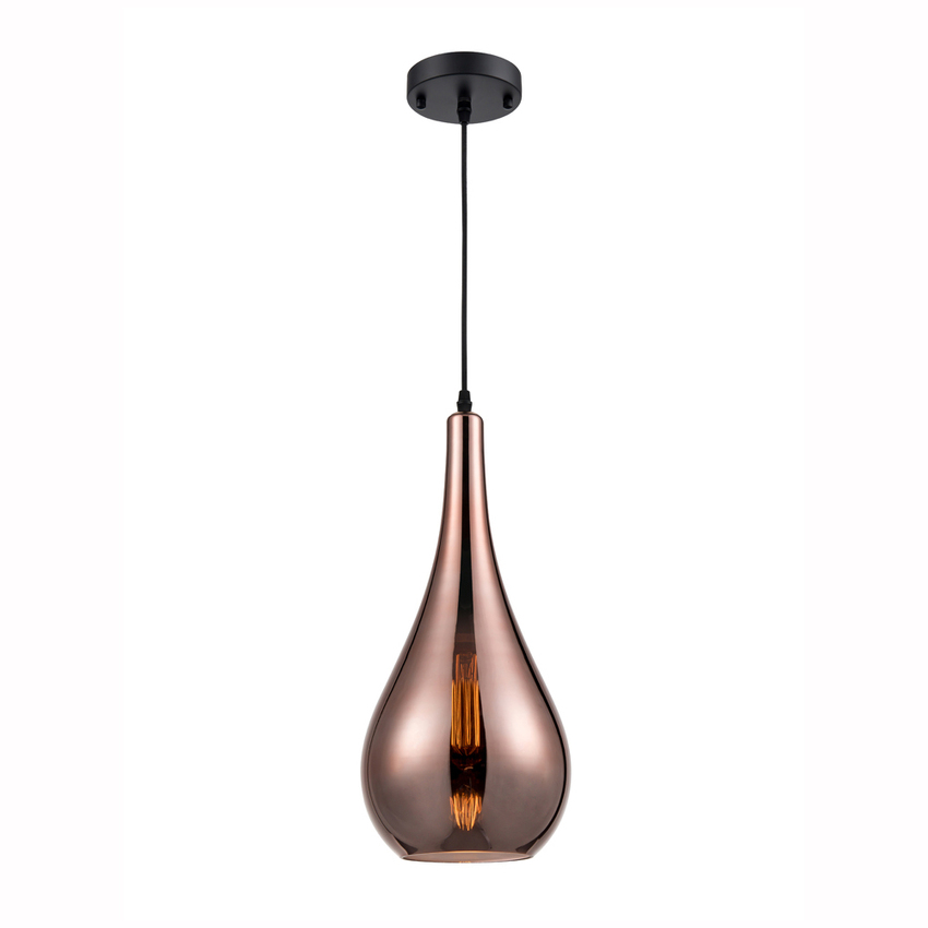 Photograph: Franklite Droplet Copper Glass Single Pendant Complete With Black Braided Suspension