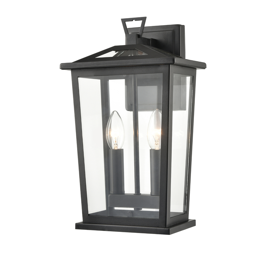 Photograph: Franklite Dusk Medium Matt Black Exterior Wall Lantern Light Complete With Clear Glass Panels - IP44