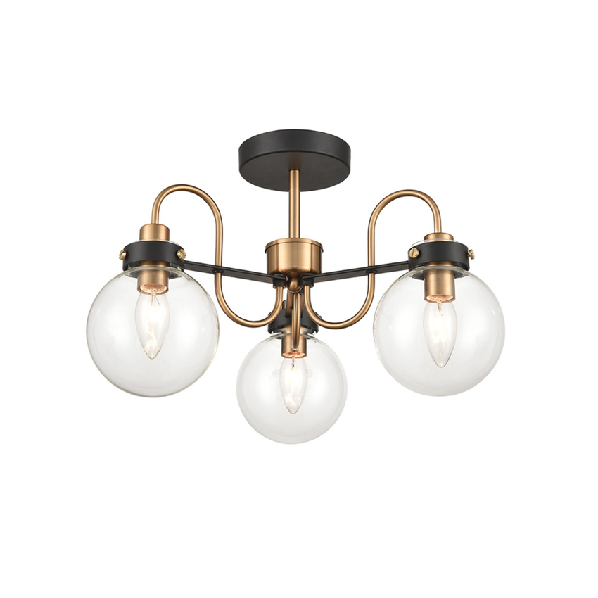 Photograph: Franklite Equinox Matt Black And Antique Brass Decorative 3 Light Semi-Flush Ceiling Light Complete With Clear Glass Globe