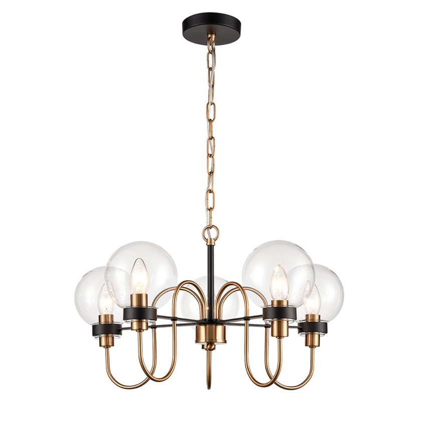 Photograph: Franklite Equinox Matt Black And Antique Brass Decorative 5 Light Chandelier Complete With Clear Glass Globe