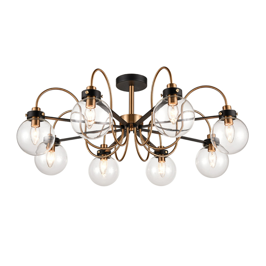 Photograph: Franklite Equinox Matt Black And Antique Brass Decorative Extra Large 8 Light Semi-Flush Ceiling Light Complete With Clear Glass Globe