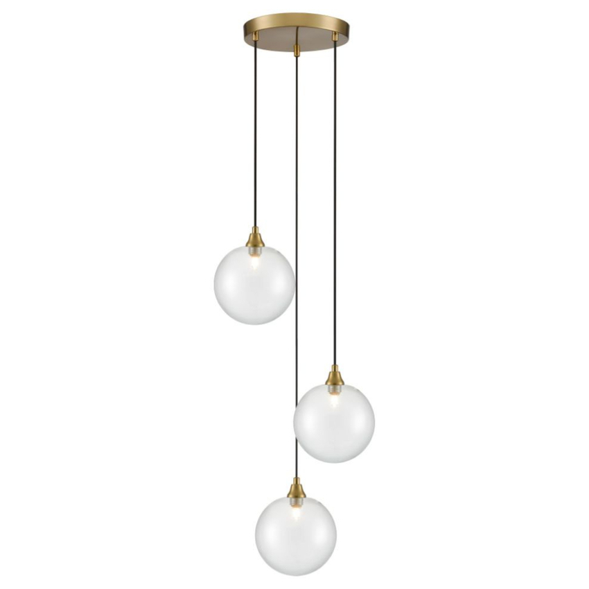 Photograph: Franklite Galaxy 3 Light Aged Brass Finish Cluster Pendant Complete With Round Clear Glasses